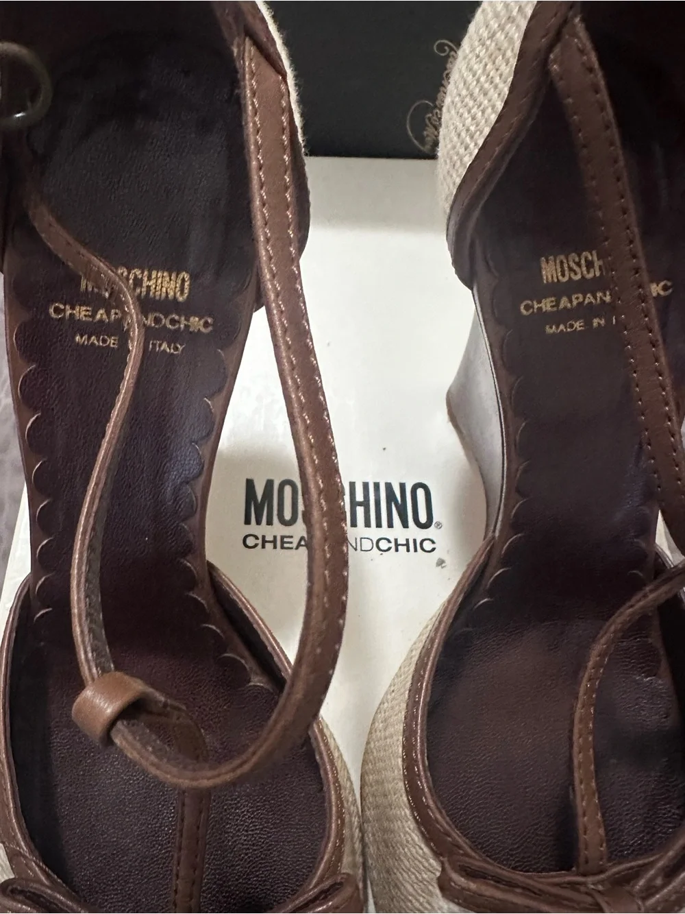 Moschino cheap & chic Tan & Brown Raffia Peep-Toe t strap wedge Heels Sz 9 39